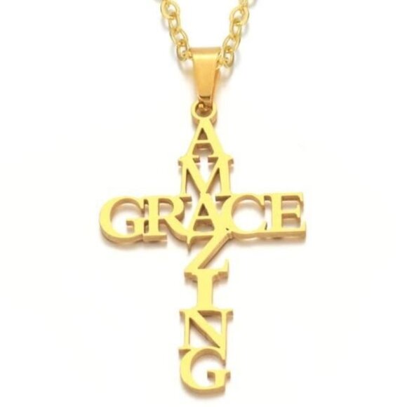 Stainless Steel Amazing Grace Cross Necklace - Gold, Christian Faith, Church - Picture 6 of 11